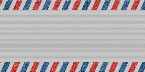 Airmail envelope frame with blue and red stripes on white background. International vintage letter border. Retro air mail postcard. Blank envelope.