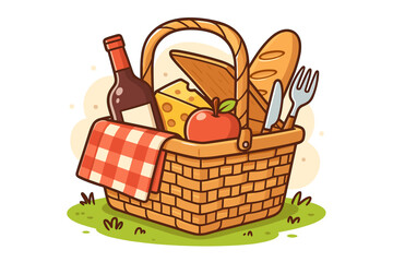 Picnic basket vector illustration with wine, bread, cheese, and apple. Cartoon wicker hamper with gingham cloth for summer outdoor lunch, romance, or family recreation.