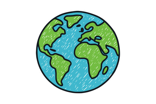 Doodle Earth globe illustration. Hand-drawn planet sketch with scribble texture. Simple world map icon for ecology, environment, and conservation. Cute child's drawing vector.