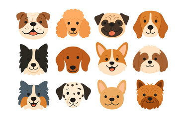 Cute dog faces collection. Set of cartoon puppy head icons. Vector illustrations of various happy pet breeds. Bulldog, Poodle, Pug, Corgi, Dalmatian, Yorkshire Terrier.