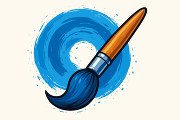 Paintbrush icon painting a blue circle. Artist tool for drawing and creativity concept. Vector illustration of a brushstroke swirl for design, decoration or renovation projects.