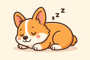 Cute Corgi puppy sleeping peacefully. Adorable cartoon dog character napping. Kawaii animal mascot illustration for pet lovers. Vector graphic of a dreaming Welsh Corgi dog.