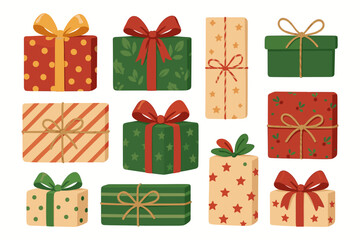 Christmas gift boxes collection. Set of hand-drawn festive presents with ribbons and bows. Winter holiday vector illustration for celebration, New Year, or birthday surprise.