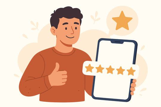 Man giving five star rating on a smartphone. Customer satisfaction and positive feedback concept. Happy client with thumbs up gesture for excellent user experience and service.