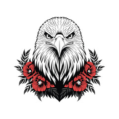Detailed Bald Eagle Head with Red Flowers and Leaves in Tattoo Style on White Background