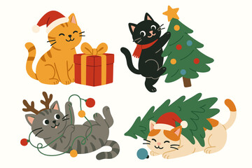 Cute Christmas cats making mischief. Funny pet collection with Santa hats, reindeer antlers, Christmas tree, and gifts. Holiday vector illustration set for winter celebration.
