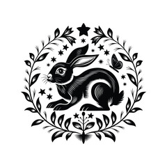 Decorative Folk Art Style Rabbit with Floral and Star Ornament on White Background