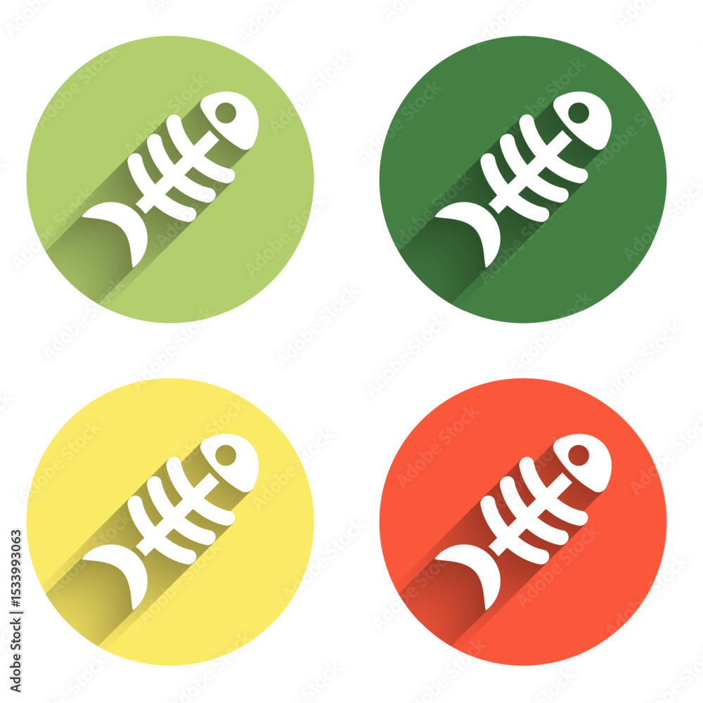 Poster set fish skeleton icon isolated with long shadow background. fish bone sign. color circle button. ve