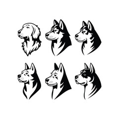 Set of Dog Breed Head Illustrations in Black and White Vector Style on White Background
