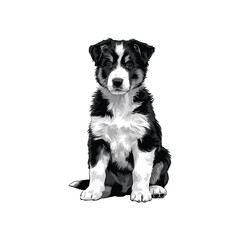Realistic Black and White Puppy Sitting on White Background Vector Illustration