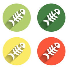 Set Fish skeleton icon isolated with long shadow background. Fish bone sign. Color circle button. Vector