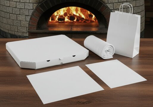 Blank Pizza Takeout Packaging and Menu Mockup Against Warm Oven Backdrop: Customizable Template for Restaurant Branding, Delivery Services, and Culinary Marketing Materials - Powered by Adobe