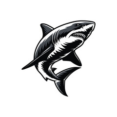 Black and White Fierce Shark Illustration on White Background
