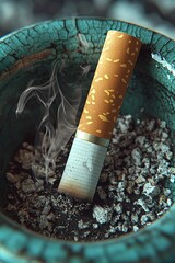 Cigarette in teal ashtray, smoke rising