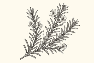 Vintage rosemary sprig illustration with flowers. Botanical hand-drawn sketch in a detailed engraving style. Aromatic herb, culinary spice, and medicinal plant line art vector.