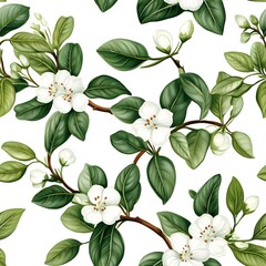 Delicate white blossoms and lush green leaves create a botanical pattern.