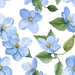 Delicate light blue flowers and foliage create a seamless pattern.