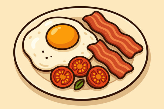 Classic breakfast plate vector illustration. Sunny side up fried egg, crispy bacon strips, and fresh tomatoes. Hearty American or English breakfast food icon for menu or cafe.