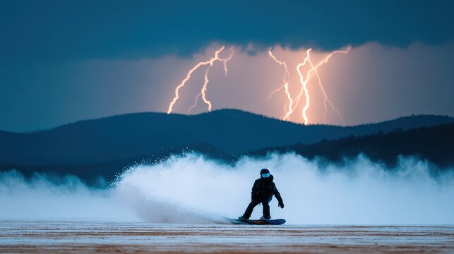 Snowboarder Silhouetted Against Lightning Storm