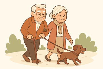 Happy elderly couple walking dog in the park. Senior man with cane and woman enjoy a stroll together. Active retirement lifestyle concept illustration. Grandparents with pet.