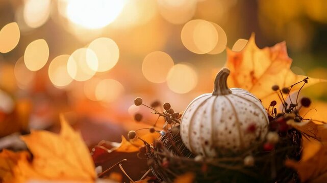 Decorative white pumpkin surrounded by dried leaves and berries with blurred warm light background