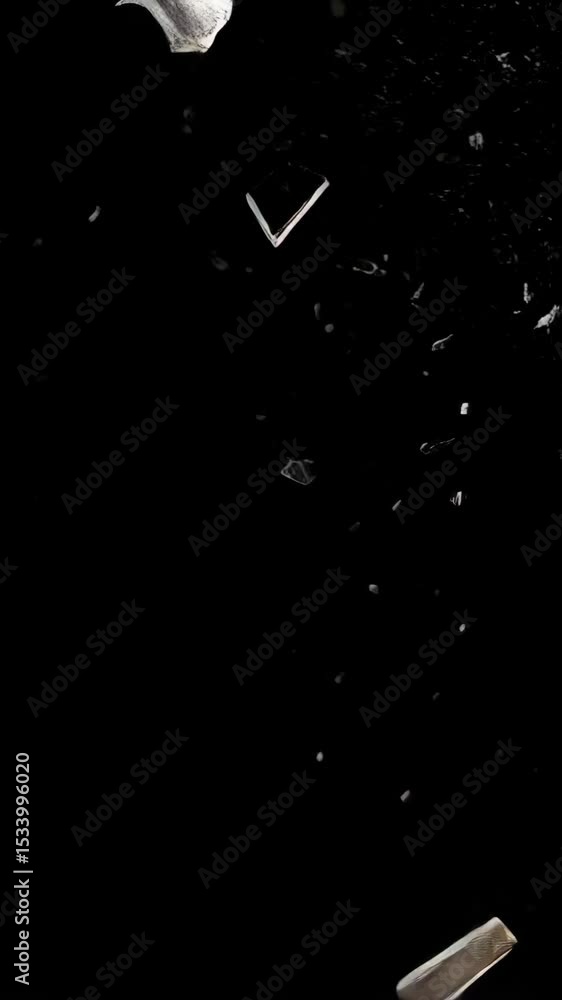 Poster abstract image of shattered glass shards suspended in black void, illuminated by light creating a dr