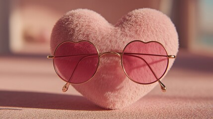 Valentineâ€™s heart with heart-shaped sunglasses on pastel white backdrop, quirky love theme, viral romantic aesthetic