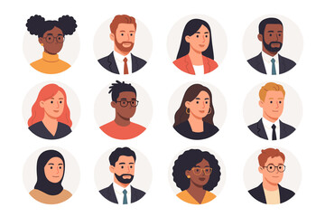 Diverse people avatar collection. Multinational business team. Circle portraits of multicultural men and women. Character icon set for social media, company, or user profile.