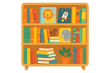 Cartoon bookshelf with children's books and toys. Lion, elephant, and rocket book covers. Flat vector design for nursery interior, school library, education, learning concept.