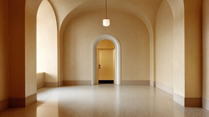 golden-themed entryway with arched doorway, terrazzo floor, minimal lighting, symmetry and elegance, architectural focus