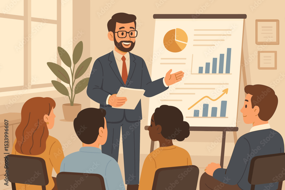 Poster business seminar with a speaker giving a presentation. coach or manager explaining a growth strategy