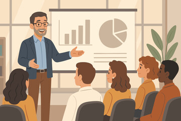 Business presentation with speaker at conference. Leader giving lecture with data charts at corporate training seminar. Workshop concept with coach and employees in office meeting.