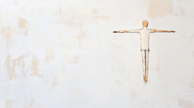 Contemporary abstract figure with exaggerated arms, minimalist design, standing against a clean white backdrop, striking visual simplicity