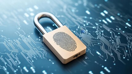 Futuristic Fingerprint Scanner with Glowing Padlock and Digital Circuitry Background