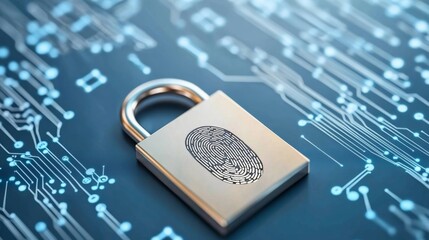 Futuristic Fingerprint Scanner with Glowing Padlock and Digital Circuitry Background, High-Tech Security Interface Design