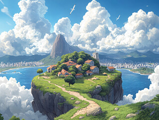 Land in a fantasy world. Fantasy world adventure map with scenic routes and landmarks. 