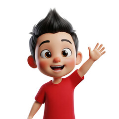 "Cartoon Character with Spiky Black Hair and Red Shirt Waving, with Social Media Icons Below"