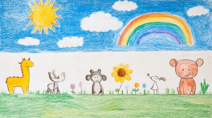 Naklejka premium Whimsical Child Art Celebration, vibrant crayon creations of animals, flowers, and rainbows on a lively art board, showcasing youthful imagination