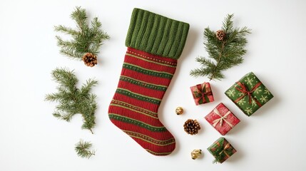 Festive stocking filled with small presents, adorned with pine sprigs, set against a clean white background, evoking holiday cheer and warmth