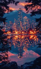 City skyline reflected in tranquil lake at dawn