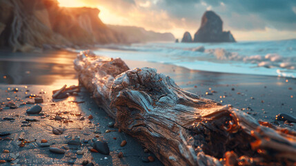Coastal driftwood washed ashore, sun-bleached and smooth from summer tides.