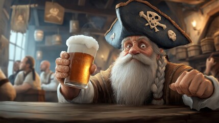 Weathered pirate in dim tavern, gray beard, tricorn hat, holding frothy beer, evoking tales of the high seas and adventure