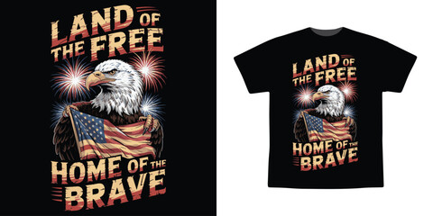 Patriotic Bald Eagle with American Flag and Fireworks – Land of the Free, Home of the Brave T-Shirt Design
