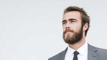 portrait of confident lawyer in formal suit positioned to left with focused expression