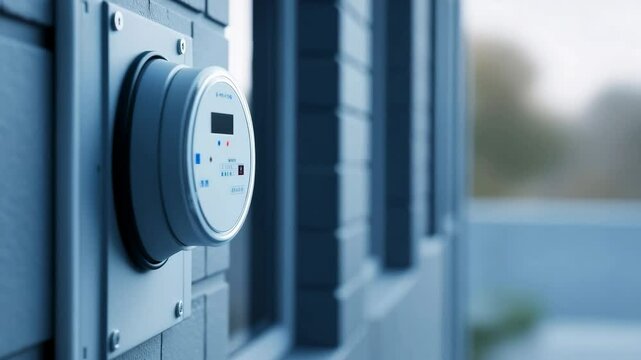 Man checking smart meter outdoor on residential house. Mechanic installing modern power system for electricity consumption and control footage.