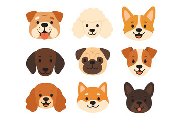 Cute cartoon dog faces set. Collection of adorable puppy head portraits. Various breeds like pug, corgi, poodle, dachshund, and bulldog. Pet animal character icon bundle.