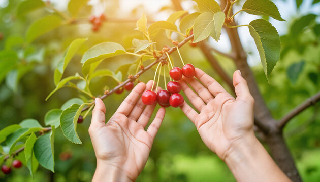 Hands reaching for ripe cherries on tree branches in sunlight  