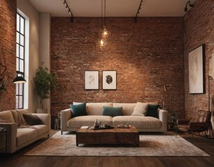 A Cozy Living Room with Exposed Brick Walls and Warm Lighting