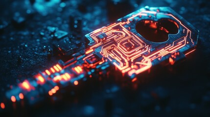 Futuristic key with glowing circuits.  Complex, intricate design of a key with illuminated circuit board patterns.  A vibrant blend of red and blue lighting highlights the key's metallic surface
