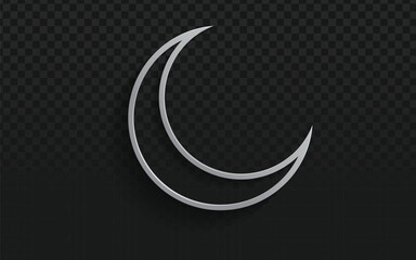 A sleek, minimalist crescent moon is presented as a delicate silver-white outline with a subtle shadow. This clean vector icon floats against a dark, transparent background, embodying celestial beauty